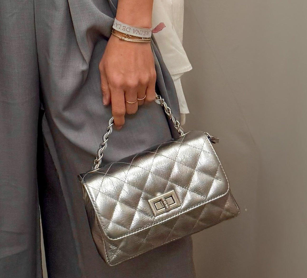 Olivia Leren Tas - Metalic Zilver